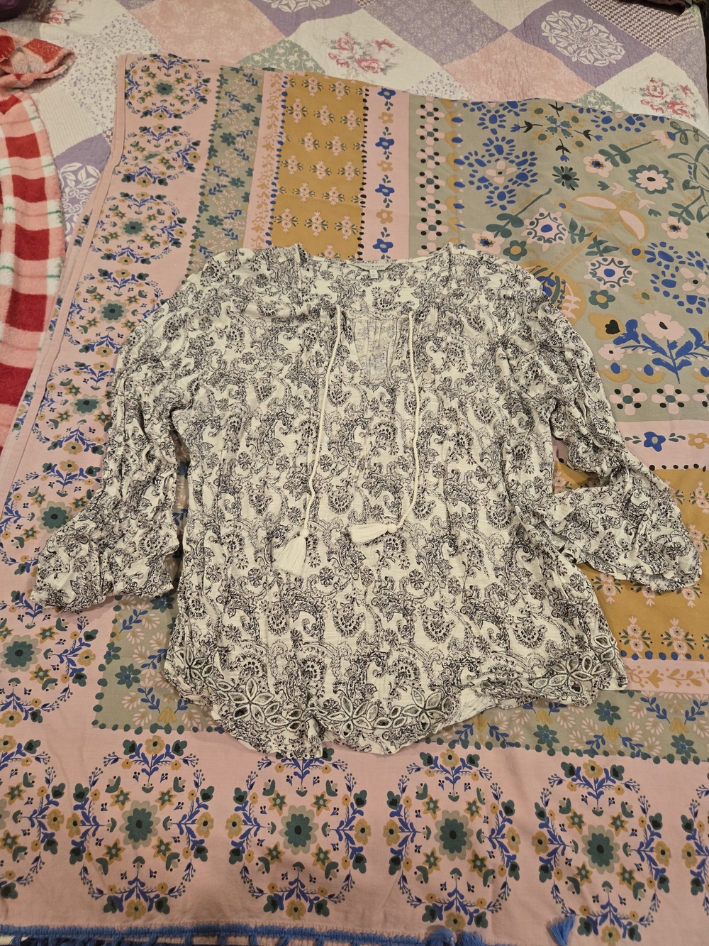 Boho Printed Top With Bell Sleeves - White/Black